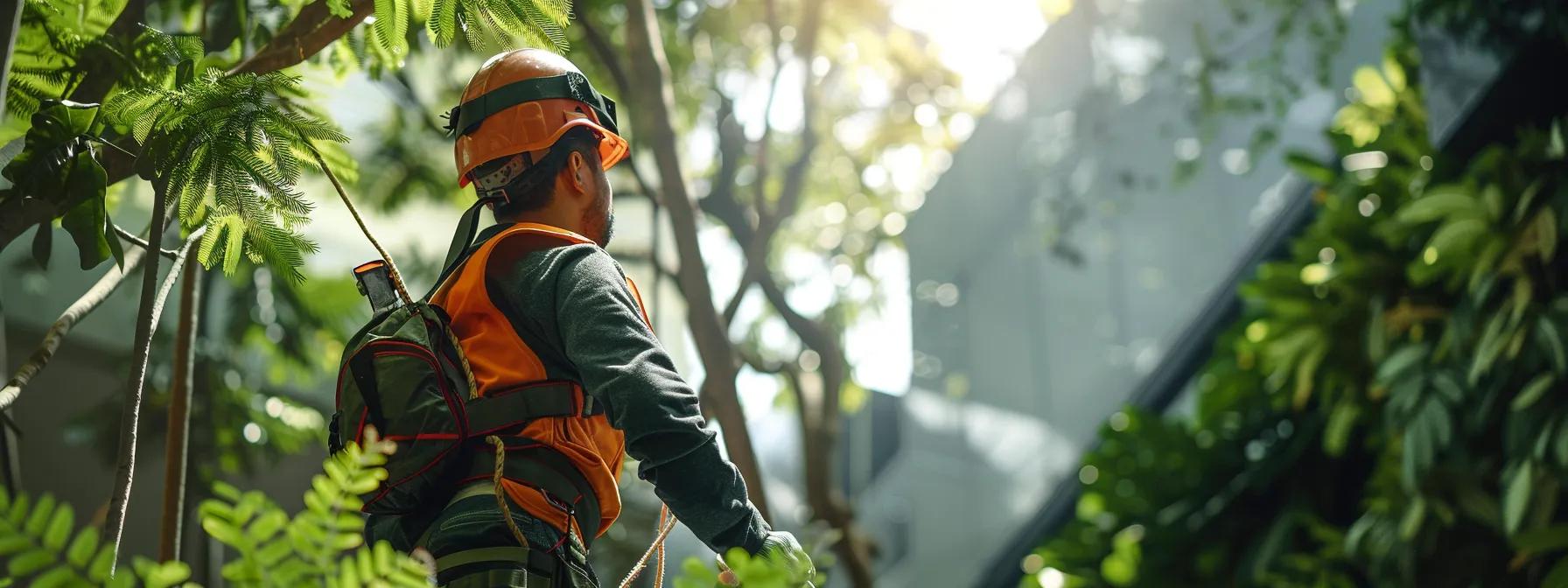 a certified arborist, equipped with professional pruning tools, meticulously examines a diverse array of trees in a modern urban park, showcasing the tailored techniques used for optimal tree health and aesthetics.