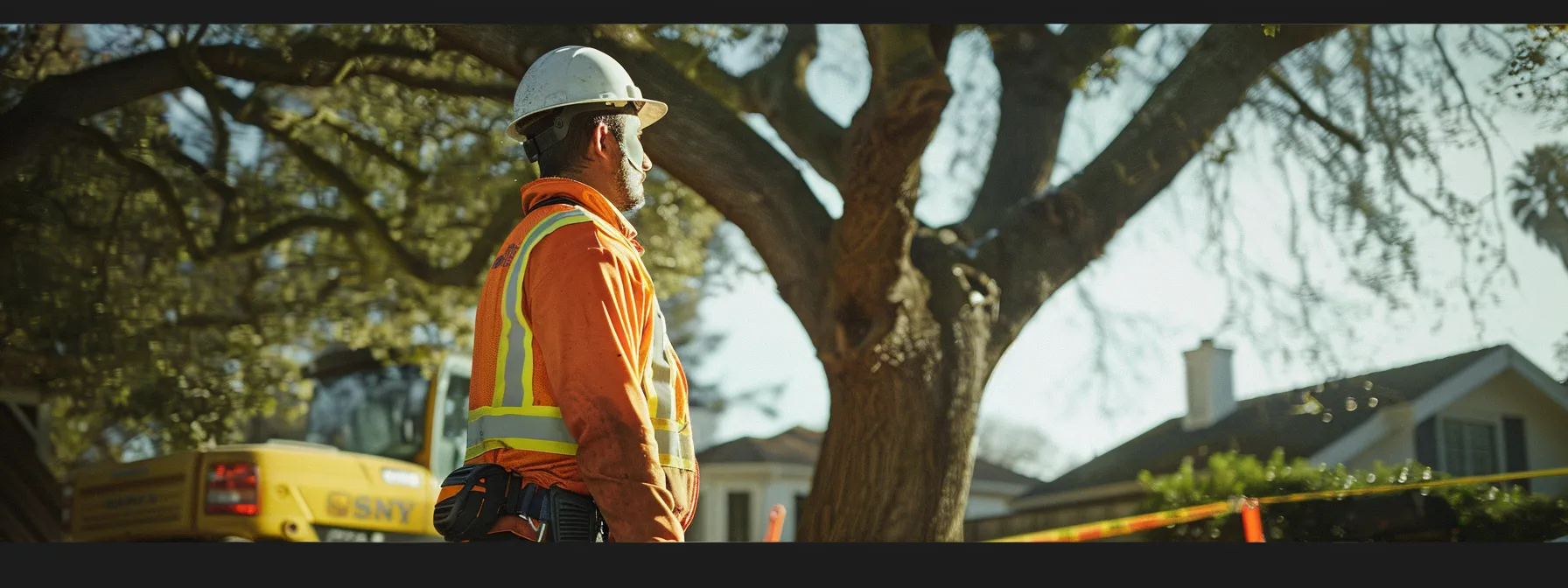 a certified arborist in protective gear confidently assesses a large oak tree for removal in an urban residential setting, surrounded by specialized equipment and safety barriers, emphasizing professionalism and expertise in tree removal services. a certified arborist in protective gear confidently assesses a large oak tree for removal in an urban residential setting, surrounded by specialized equipment and safety barriers, emphasizing professionalism and expertise in tree removal services.