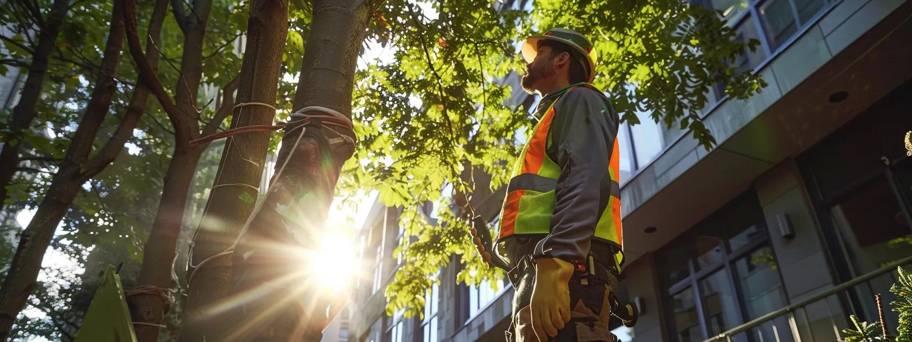 a certified arborist meticulously assesses a tree in an urban setting, surrounded by specialized trimming tools and safety equipment, as they prepare to execute a precise crown thinning strategy to enhance the tree’s health and structural integrity.