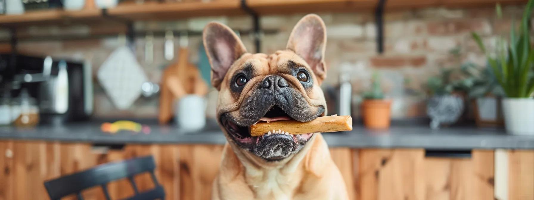 a cheerful dog eagerly chews on a sturdy bully stick in a modern, well-lit kitchen, surrounded by vibrant pet supplies, showcasing the benefits of a nutritious canine diet and promoting oral health. a cheerful dog eagerly chews on a sturdy bully stick in a modern, well-lit kitchen, surrounded by vibrant pet supplies, showcasing the benefits of a nutritious canine diet and promoting oral health.