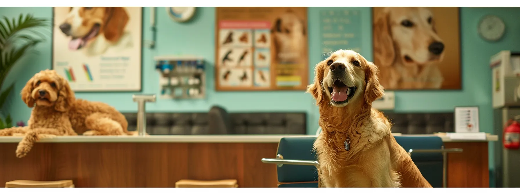 a cheerful golden retriever and a playful goldendoodle are seated within a modern veterinary clinic, surrounded by medical posters and equipment, as they eagerly await their pre-boarding wellness examination, illustrating the importance of health checks before dog boarding.