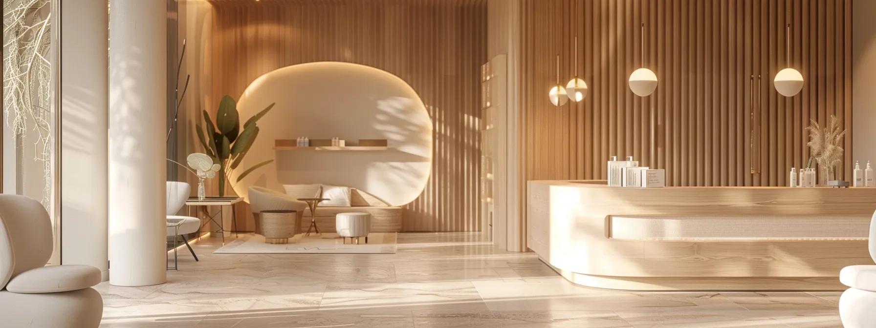 a chic and inviting interior of a modern waxing salon, featuring elegant decor, soothing lighting, and a stylish reception area that hints at a luxurious pampering experience.