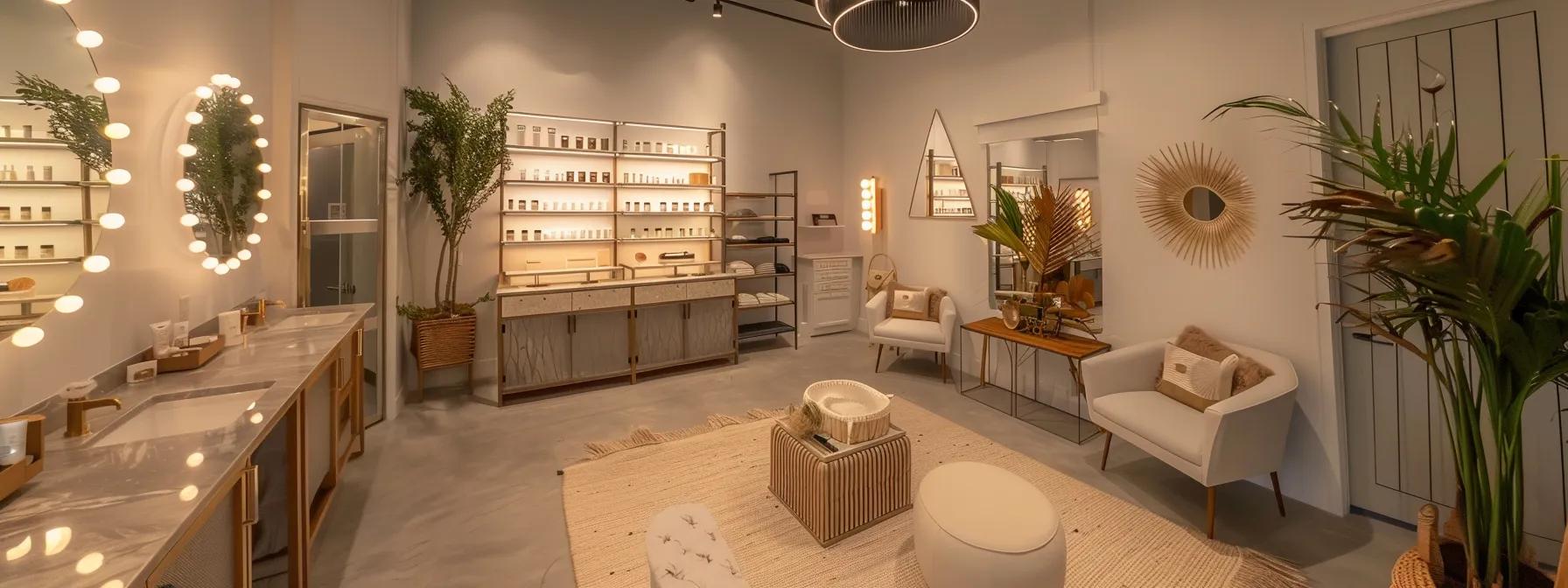 a chic and modern lash lift salon interior, featuring stylish decor, elegant furnishings, and well-lit mirrors, where clients are immersed in the experience of achieving beautifully curled lashes.