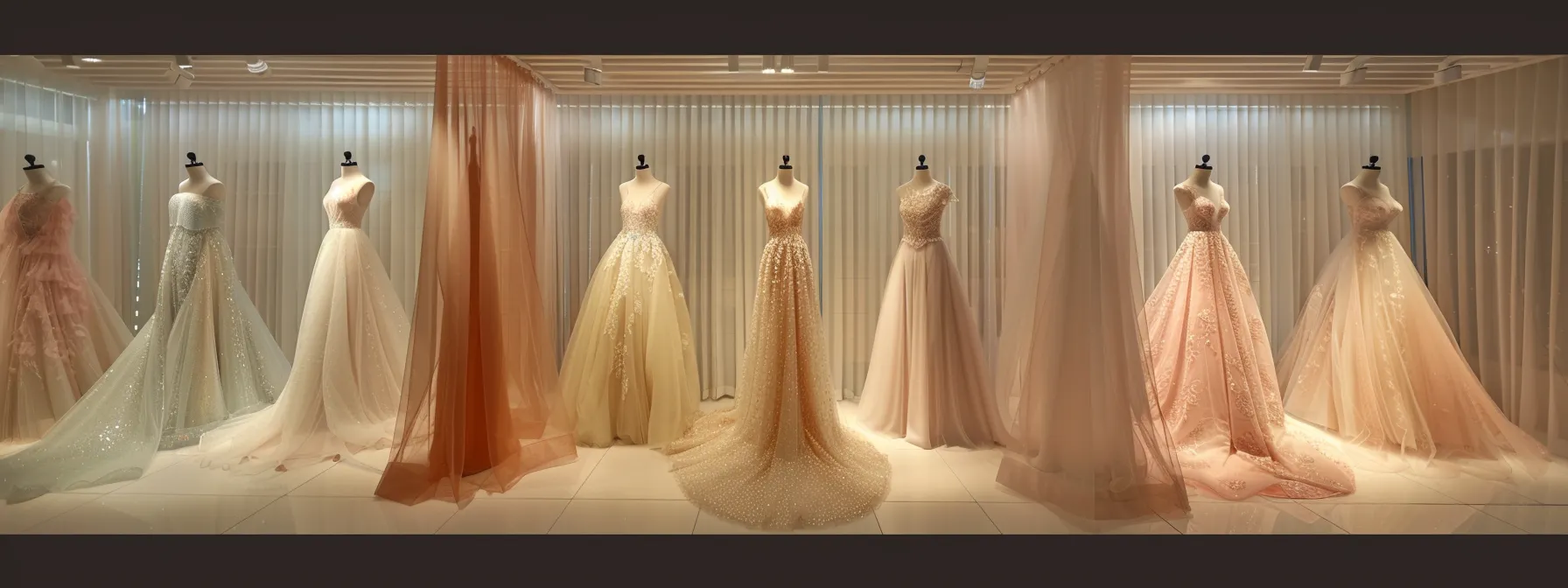 a chic bridal boutique showcases an array of elegantly customized wedding gowns in soft pastel shades, each adorned with exquisite details and displayed on sophisticated mannequins in a beautifully lit, modern space. a chic bridal boutique showcases an array of elegantly customized wedding gowns in soft pastel shades, each adorned with exquisite details and displayed on sophisticated mannequins in a beautifully lit, modern space.