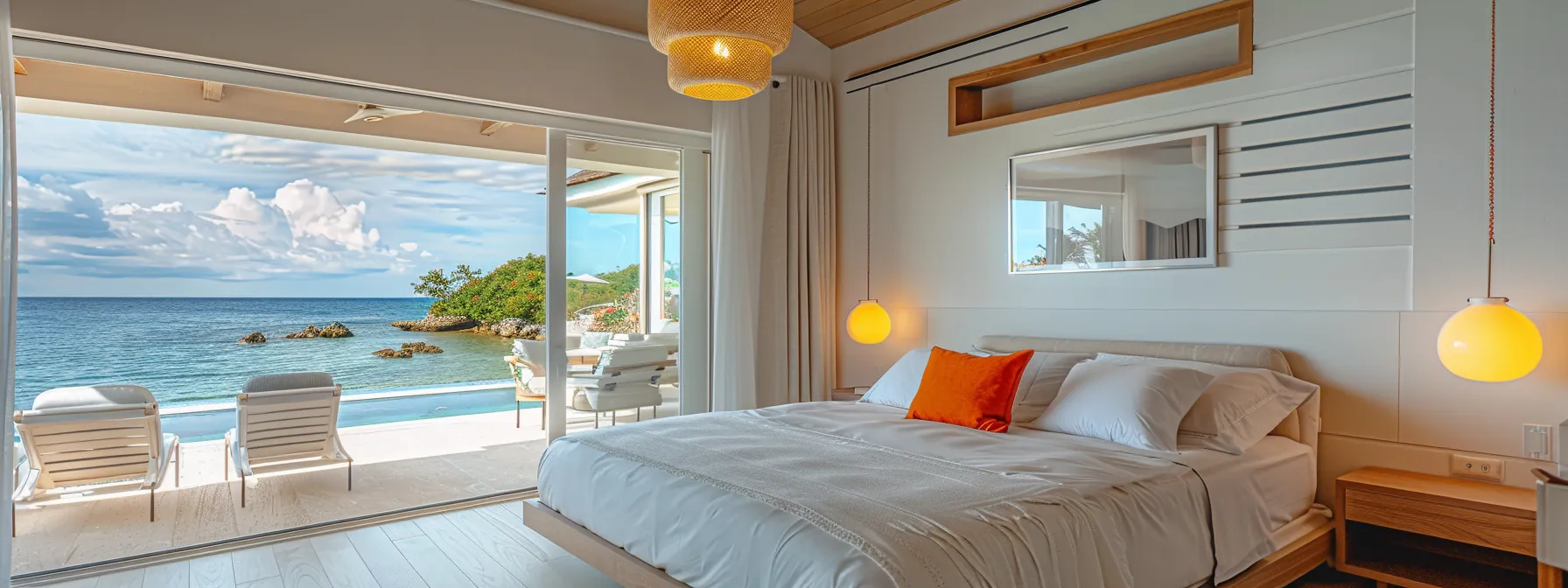 a chic, bright interior of a luxury coastal airbnb, featuring modern furnishings and hotel-quality linens, seamlessly merging a vibrant holiday atmosphere with sleek design elements, emphasizing the importance of adapting to evolving hosting regulations for 2025.