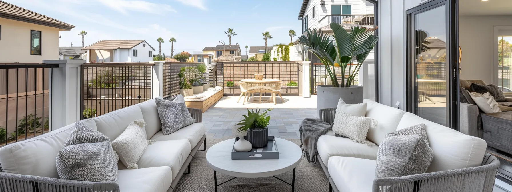 a chic, brightly lit living area of a luxury coastal airbnb features modern furnishings and a sunny outdoor seating arrangement, emphasizing the inviting atmosphere for guests while highlighting recommendations from local business owners showcased on a sleek digital display.