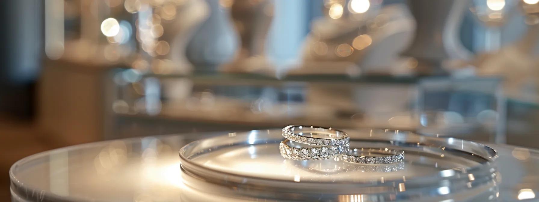 a chic, intimate jewelry display showcasing intricately designed white gold wedding bands, glistening under soft, focused lighting in a modern, elegantly styled boutique. a chic, intimate jewelry display showcasing intricately designed white gold wedding bands, glistening under soft, focused lighting in a modern, elegantly styled boutique.