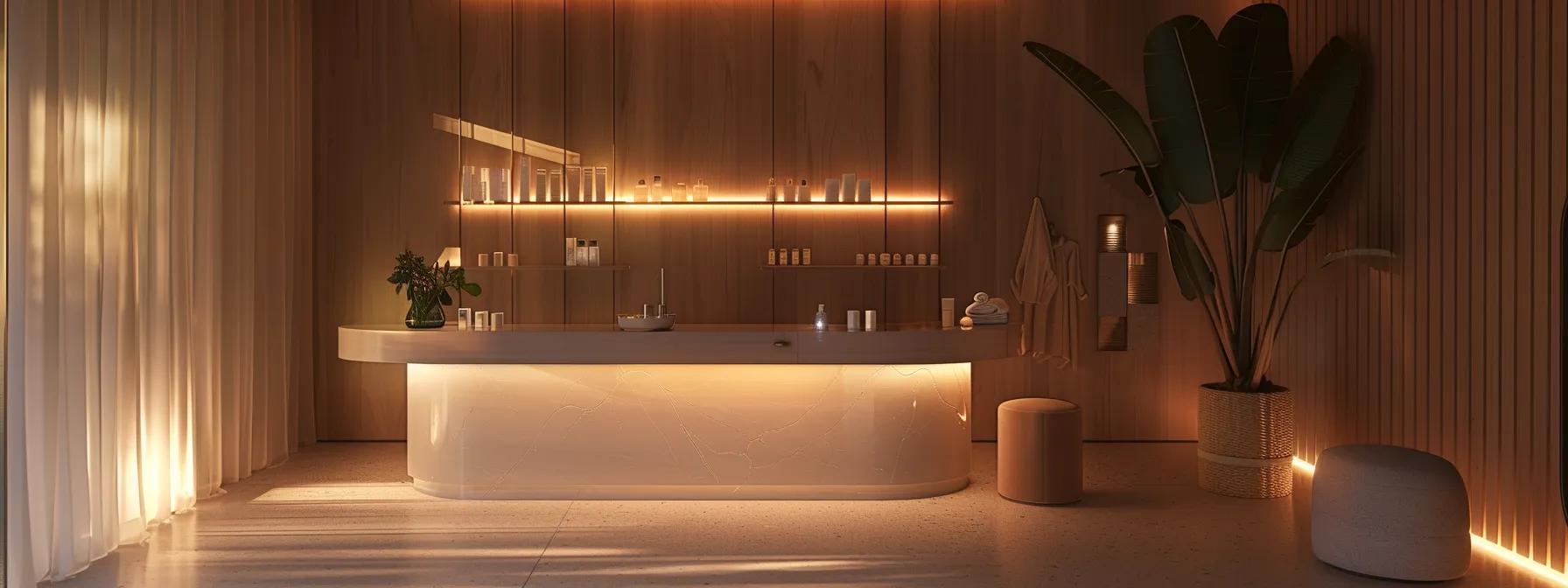 a chic, modern beauty salon interior featuring a sleek waxing station, illuminated by soft ambient lighting, showcasing a professional aesthetician preparing high-quality products for a personalized customer experience.