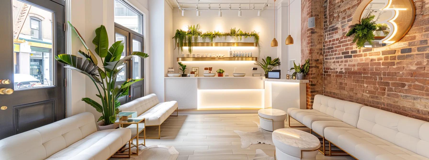 a chic, modern brazilian wax salon in brooklyn showcases stylish decor with elegant lighting, plush seating, and pristine treatment areas, inviting clients to experience luxury and comfort.