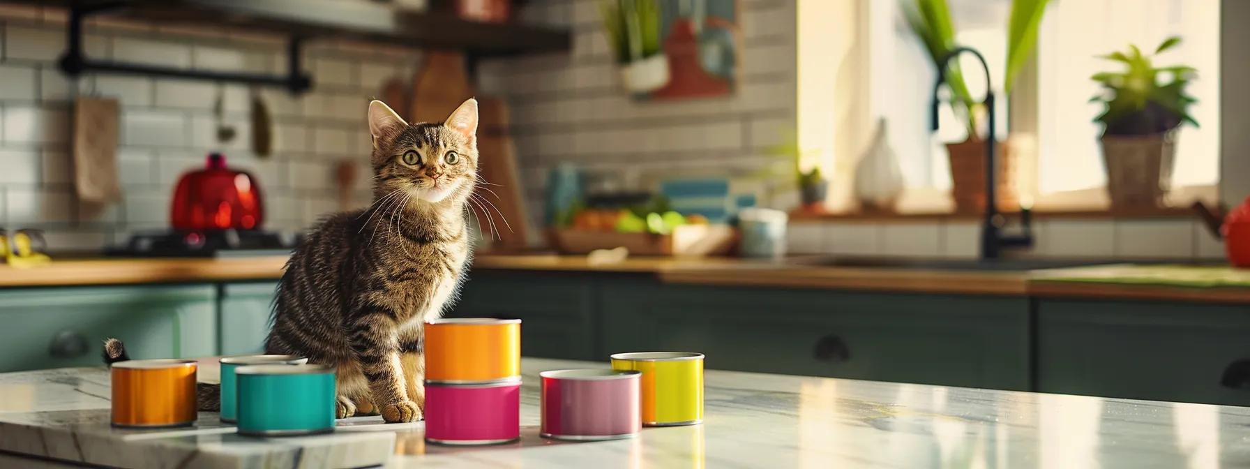 a chic, modern kitchen countertop showcases a colorful array of premium wet kitten food cans, each exuding a sense of hydration and nutrition, surrounded by vibrant pet accessories to evoke an inviting atmosphere for nurturing young pets. a chic, modern kitchen countertop showcases a colorful array of premium wet kitten food cans, each exuding a sense of hydration and nutrition, surrounded by vibrant pet accessories to evoke an inviting atmosphere for nurturing young pets.