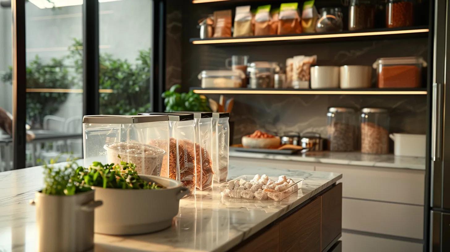 a chic, modern kitchen features a sleek countertop displaying an array of neatly packaged freeze-dried cat food bags alongside a stylish ceramic bowl filled with the food, conveying a sense of thoughtful preparation for a cat's dietary transition. a chic, modern kitchen features a sleek countertop displaying an array of neatly packaged freeze-dried cat food bags alongside a stylish ceramic bowl filled with the food, conveying a sense of thoughtful preparation for a cat's dietary transition.