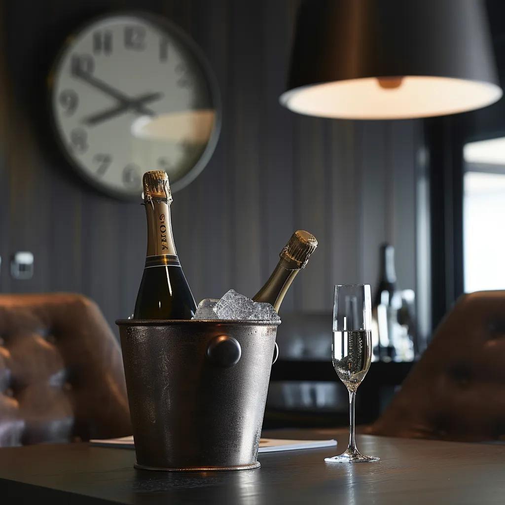 a chic, modern office setting showcases a stylish champagne bottle elegantly arranged in an ice bucket, with a prominent clock in the background indicating timely delivery, highlighting the convenience of fast service for last-minute birthday celebrations.