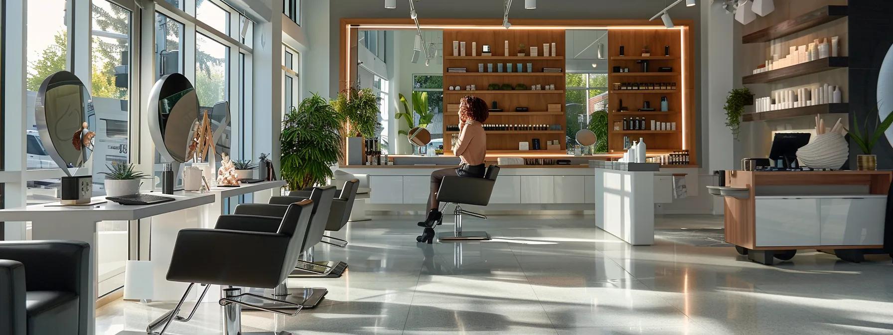 a chic, modern salon interior showcases a poised stylist discussing brow shapes with a client in a sleek, well-lit consultation area, exuding an atmosphere of professionalism and comfort.
