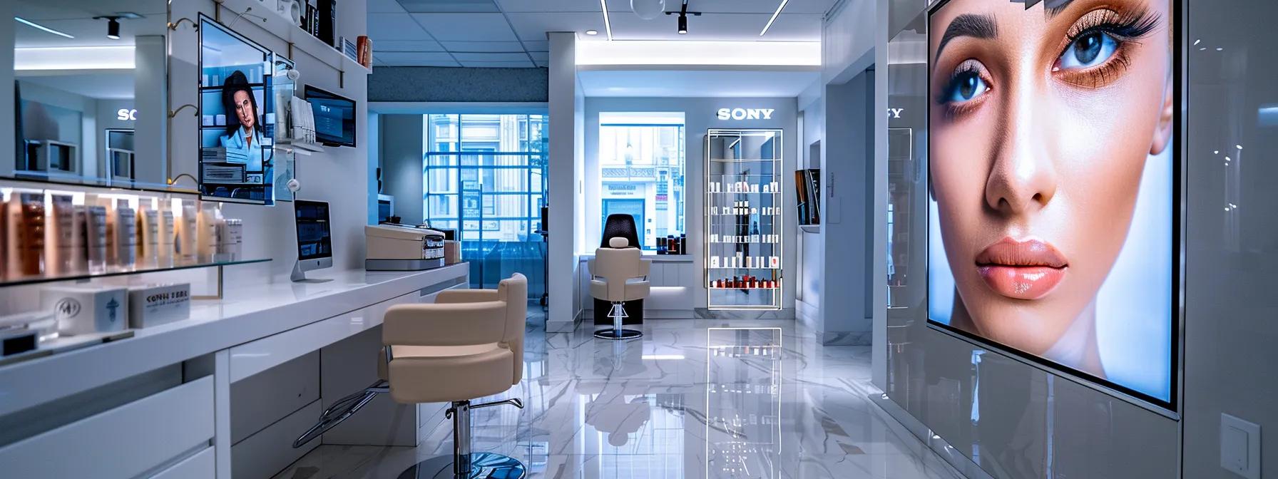 a chic, modern salon setting showcases a stylish technician meticulously performing brow lamination on a satisfied client, surrounded by vibrant testimonials and before-and-after photos elegantly displayed on the walls to highlight the quality of service and customer satisfaction.