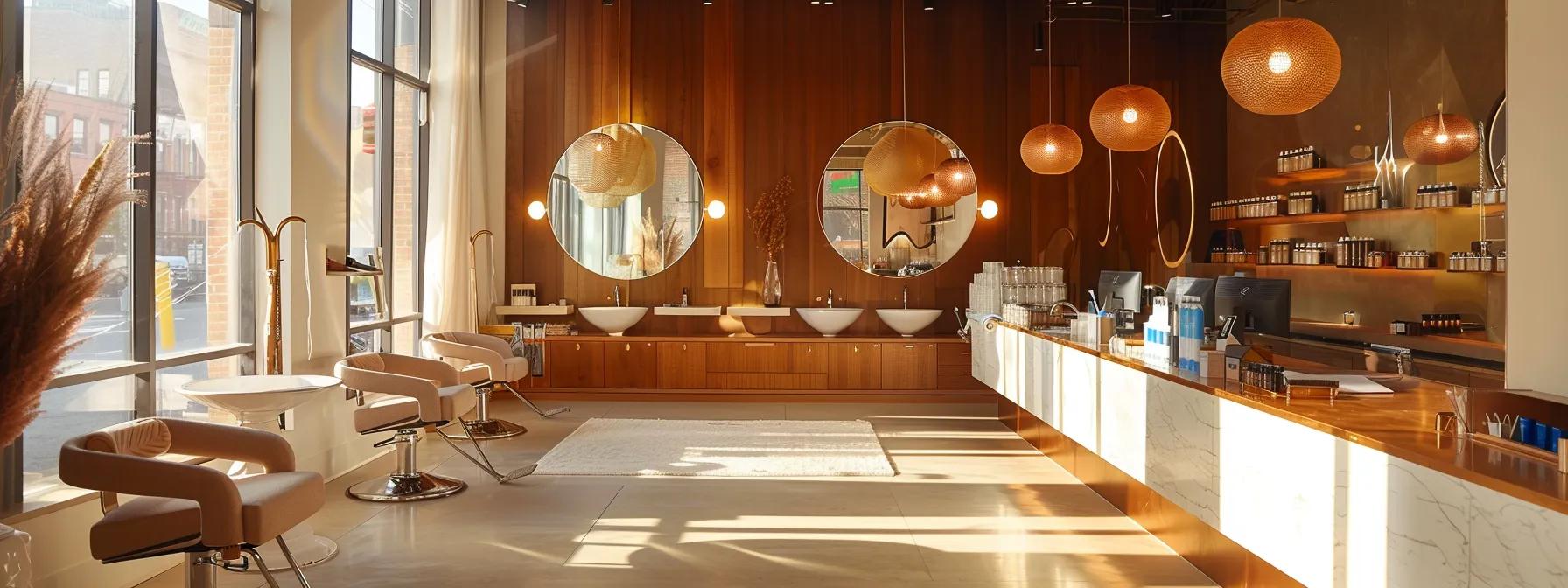 a chic, modern threading salon in brooklyn showcases vibrant, well-groomed brows while skilled professionals expertly attend to clients in a stylishly designed interior, illuminated by sleek pendant lighting.