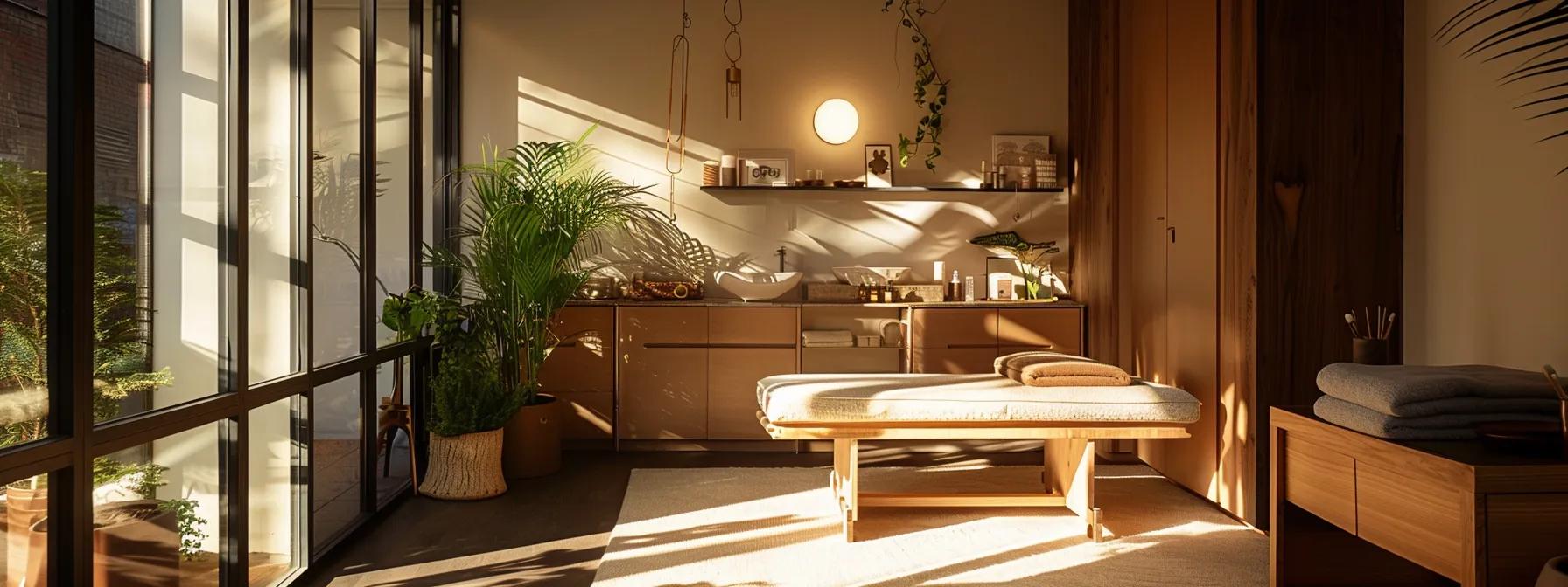 a chic, modern waxing studio in brooklyn, featuring elegant decor and a serene atmosphere, with soft ambient lighting casting gentle shadows across the inviting treatment room.