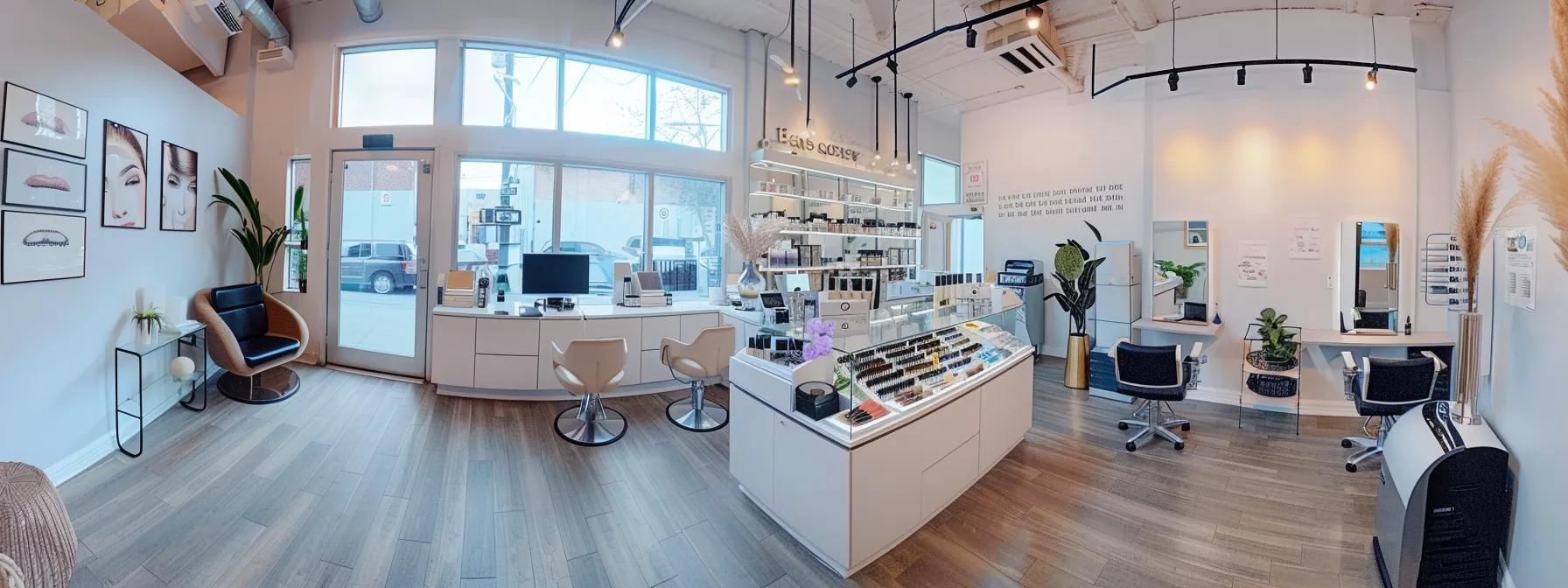 a chic salon interior in queens, showcasing a stylish brow lamination station with elegant lighting, highlighting an array of affordable brow products displayed on a sleek vanity.