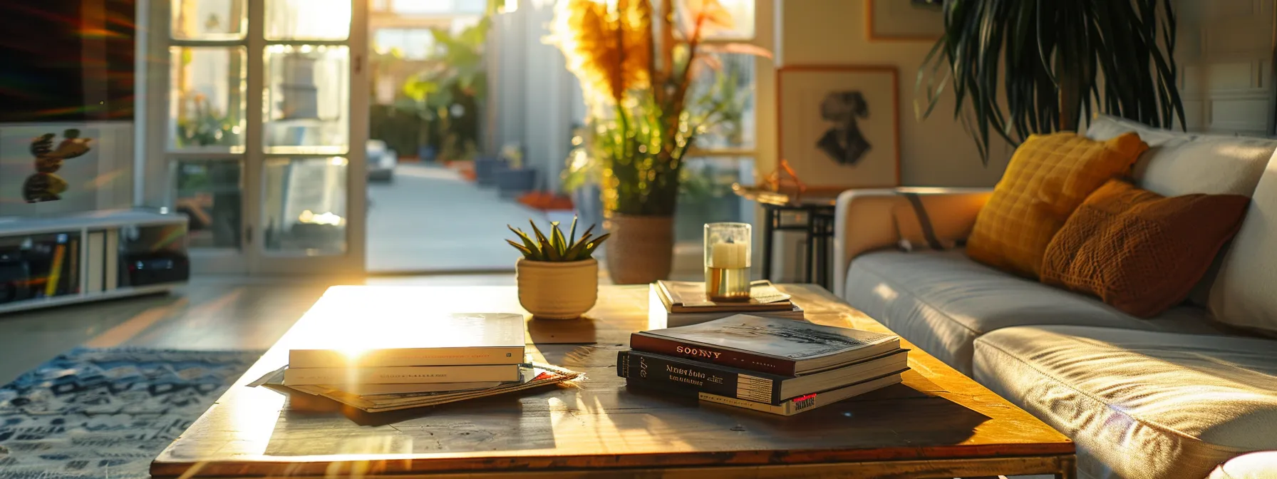 a chic, sunlit airbnb showcasing stylish, modern interiors and inviting digital neighborhood guides prominently displayed on a sleek coffee table, creating an appealing atmosphere for potential guests.