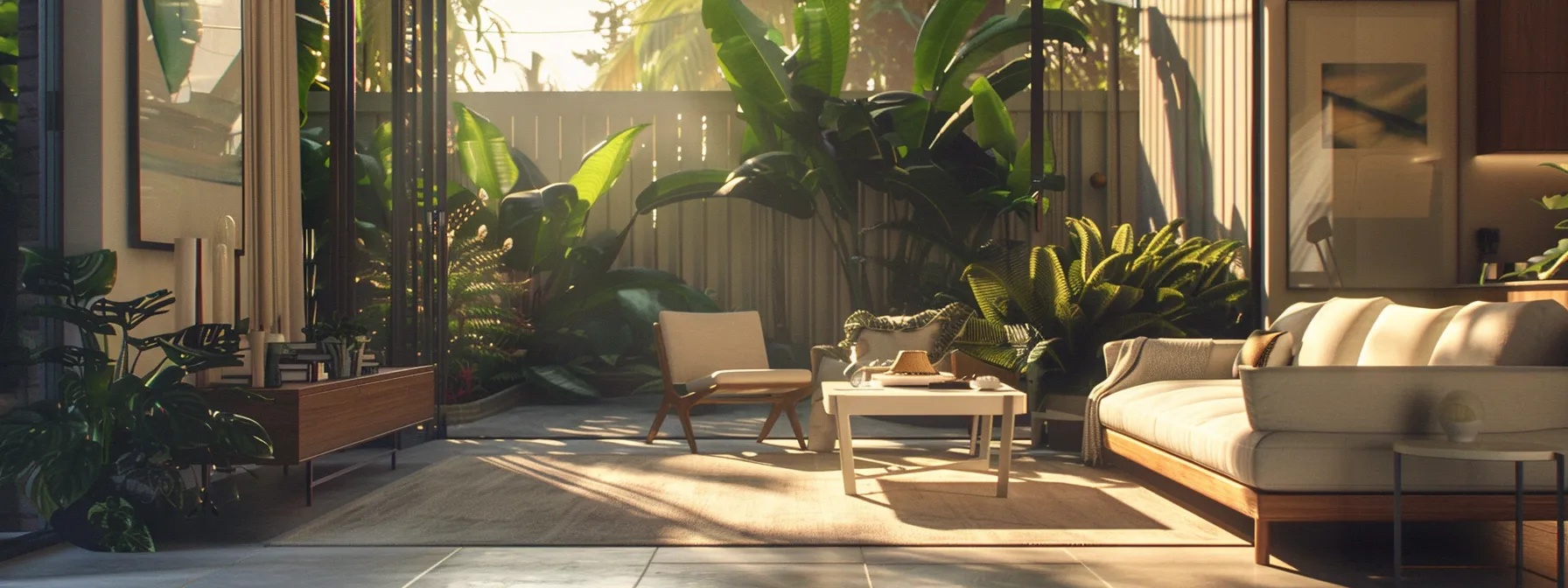 a chic, sunlit luxury airbnb living space features modern furnishings and plush hotel-quality linens, complemented by a stylish outdoor patio with inviting seating that exudes a serene coastal retreat vibe.