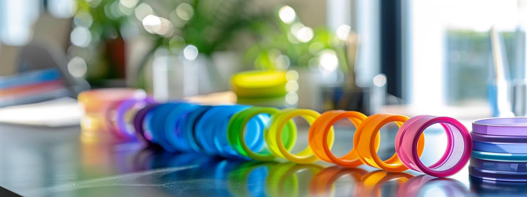 a chic urban office space showcases a collection of colorful silicone rings displayed elegantly on a modern desk, radiating style and versatility to complement fashion-forward professionals. a chic urban office space showcases a collection of colorful silicone rings displayed elegantly on a modern desk, radiating style and versatility to complement fashion-forward professionals.