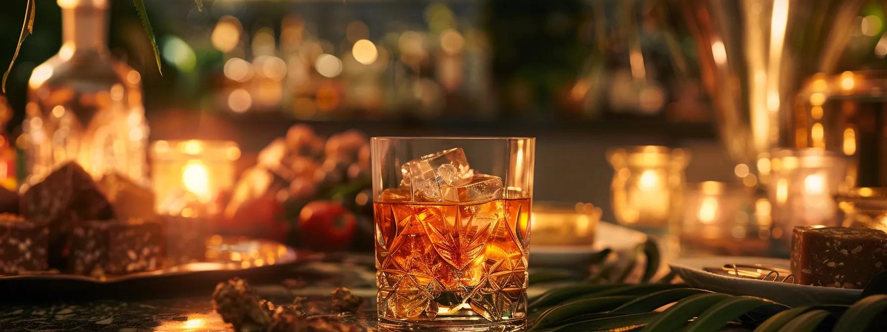 a chic urban party setting features a crystal-clear glass filled with thc-infused spirits over ice, surrounded by an elegant arrangement of decadent fudge cuts, highlighting the contrast between sophisticated sipping and indulgent savoring. a chic urban party setting features a crystal-clear glass filled with thc-infused spirits over ice, surrounded by an elegant arrangement of decadent fudge cuts, highlighting the contrast between sophisticated sipping and indulgent savoring.