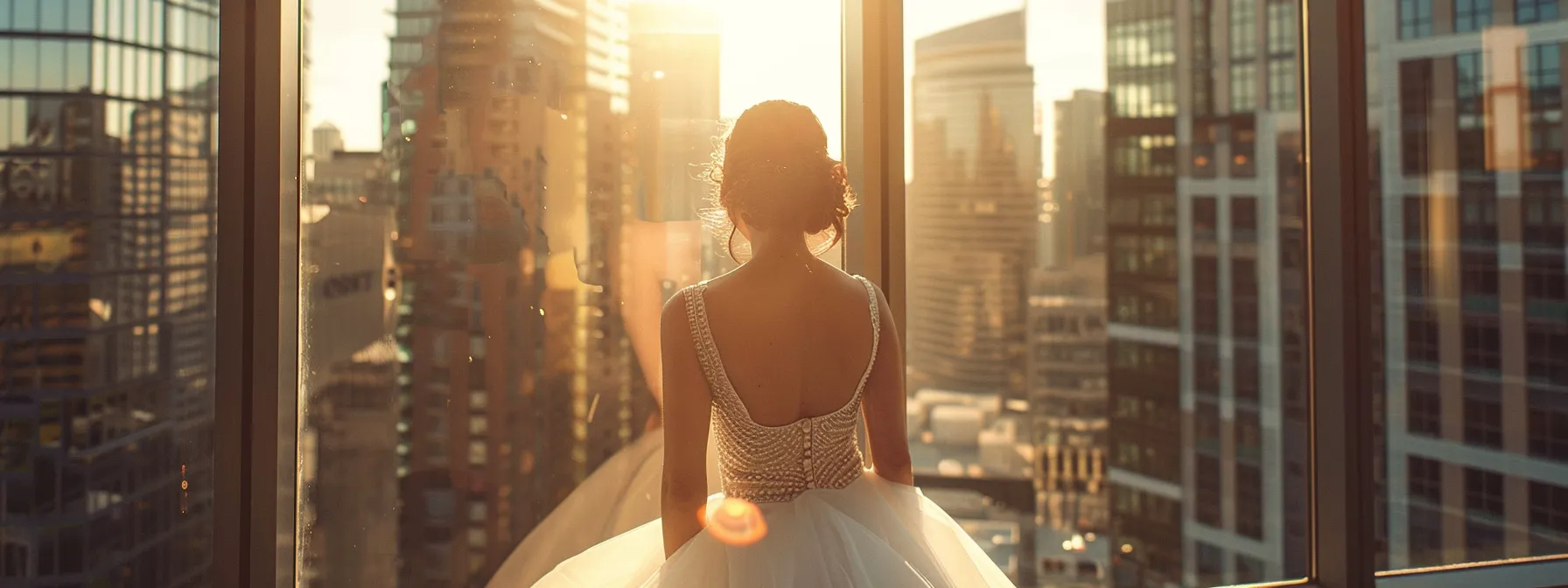 a chic urban wedding scene showcases a radiant bride in a tailored gown that complements the modern city backdrop, elegantly styled with contemporary decor reflecting the sophistication of venue-specific choices. a chic urban wedding scene showcases a radiant bride in a tailored gown that complements the modern city backdrop, elegantly styled with contemporary decor reflecting the sophistication of venue-specific choices.