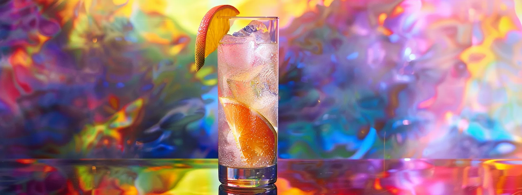 a chilled, effervescent thc-infused seltzer in a clear glass, adorned with a vibrant fruit twist, is displayed against a kaleidoscopic, cosmic backdrop that exudes a playful and relaxed ambiance, inviting social connection. a chilled, effervescent thc-infused seltzer in a clear glass, adorned with a vibrant fruit twist, is displayed against a kaleidoscopic, cosmic backdrop that exudes a playful and relaxed ambiance, inviting social connection.