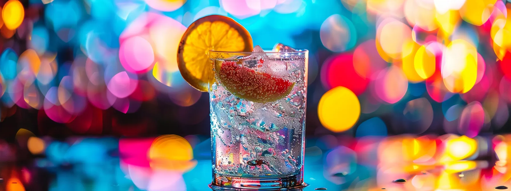 a chilled, thc-infused seltzer bubbles vibrantly in a clear glass, garnished with a twist of fresh fruit, all set against a colorful, cosmic backdrop that radiates a playful, social energy, perfect for a relaxed evening gathering.