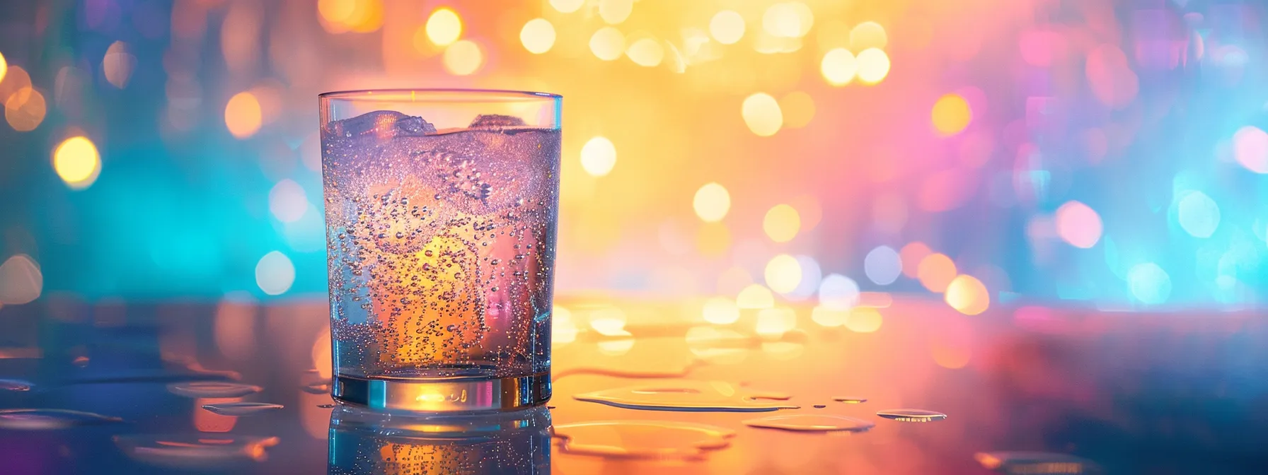 a chilled thc-infused seltzer bubbles vibrantly in a clear glass, illuminated by soft, playful lighting and set against a colorful, retro-futuristic backdrop that embodies a cosmic journey of relaxation and fun. a chilled thc-infused seltzer bubbles vibrantly in a clear glass, illuminated by soft, playful lighting and set against a colorful, retro-futuristic backdrop that embodies a cosmic journey of relaxation and fun.