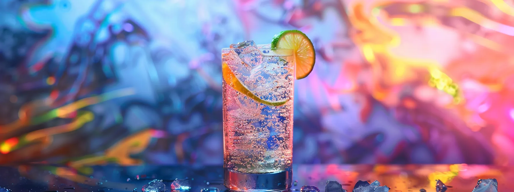 a chilled thc-infused seltzer, vibrant with effervescent bubbles and garnished with a twist of fresh lime, glistens invitingly against a vivid, cosmic backdrop that evokes a playful and modern social atmosphere. a chilled thc-infused seltzer, vibrant with effervescent bubbles and garnished with a twist of fresh lime, glistens invitingly against a vivid, cosmic backdrop that evokes a playful and modern social atmosphere.