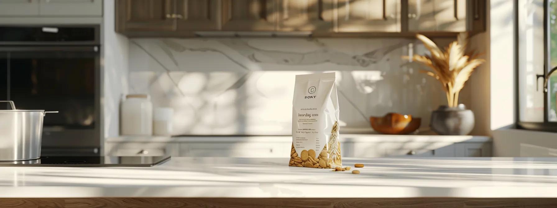 a clean, modern kitchen setting showcases an elegantly packaged bag of against the grain dog food on a polished countertop, exuding a sense of premium quality and health-focused nutrition for pets with allergies. a clean, modern kitchen setting showcases an elegantly packaged bag of against the grain dog food on a polished countertop, exuding a sense of premium quality and health-focused nutrition for pets with allergies.