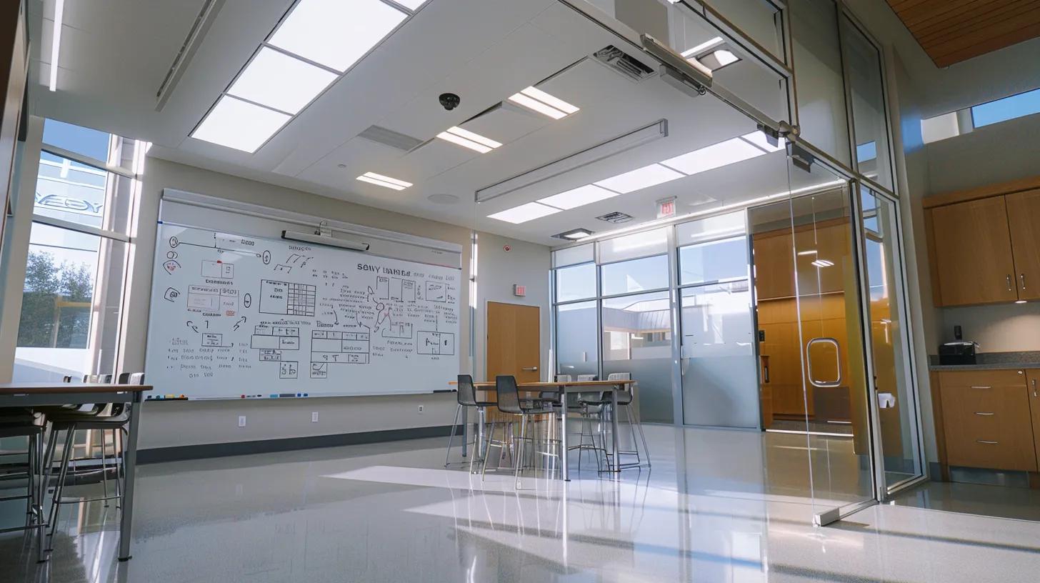 a clean, modern office setting features a large whiteboard filled with detailed diagrams and cost breakdowns for skylight replacement, capturing the meticulous planning and analysis involved in budget management for homeowners.