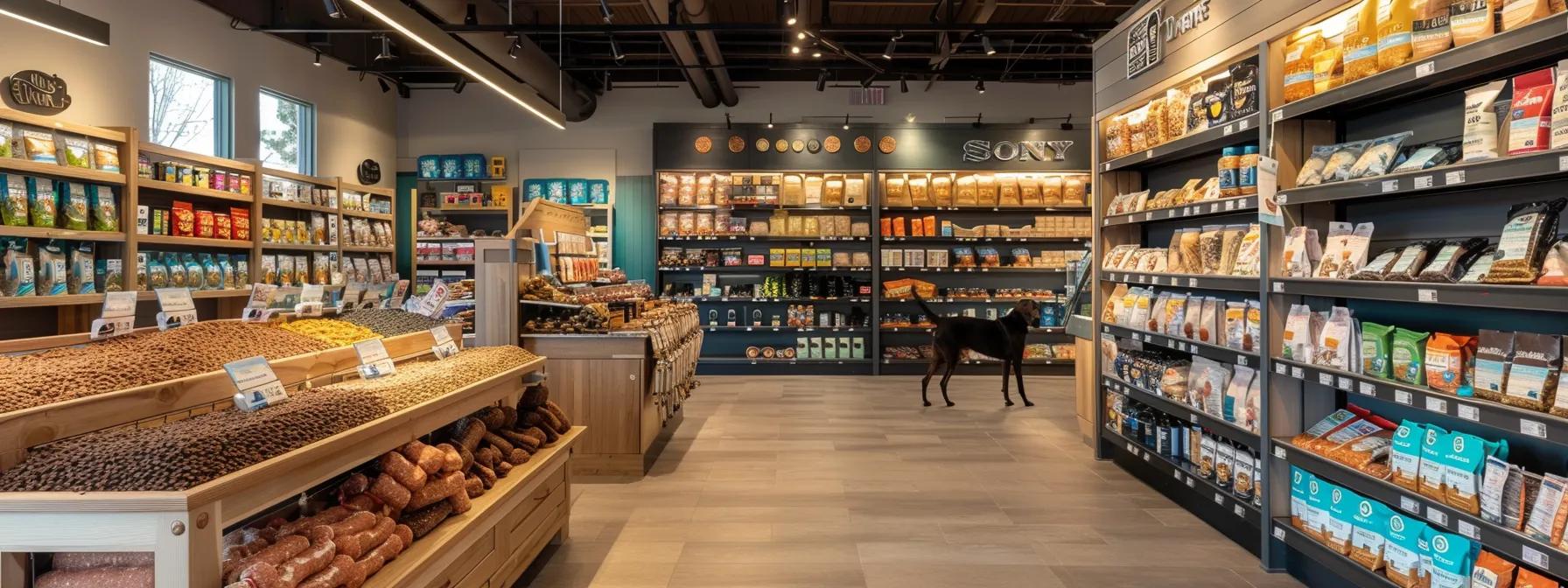 a clean, modern pet supply store interior showcases a vibrant display of high-quality rawhide chews, emphasizing labels that highlight safety certifications and natural ingredients, while a dog enthusiast examines the options with a focused expression. a clean, modern pet supply store interior showcases a vibrant display of high-quality rawhide chews, emphasizing labels that highlight safety certifications and natural ingredients, while a dog enthusiast examines the options with a focused expression.