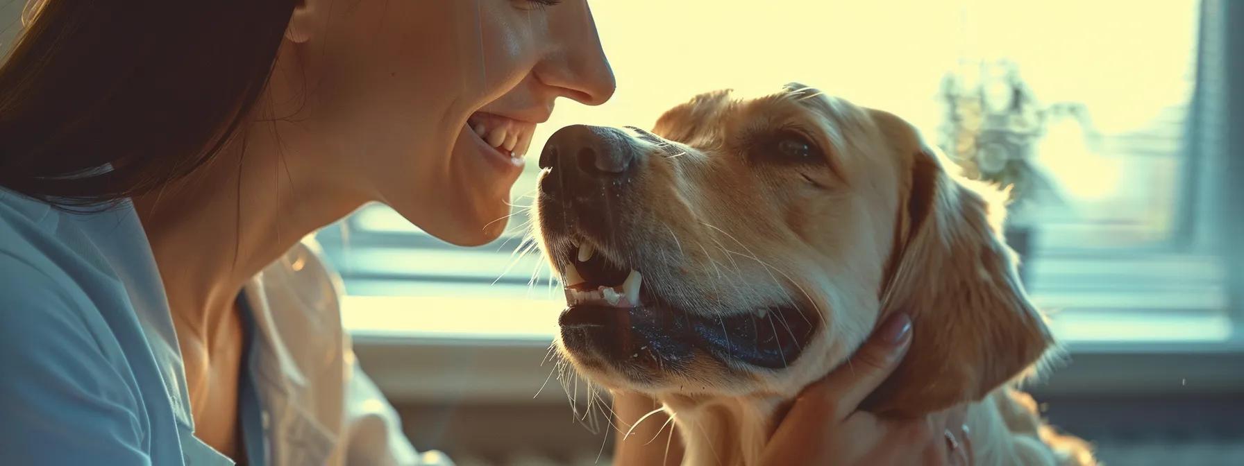 a clean, modern veterinary clinic interior features a focused pet owner carefully giving their dog a dental chew, conveying a sense of safety and care in promoting oral hygiene for pets. a clean, modern veterinary clinic interior features a focused pet owner carefully giving their dog a dental chew, conveying a sense of safety and care in promoting oral hygiene for pets.
