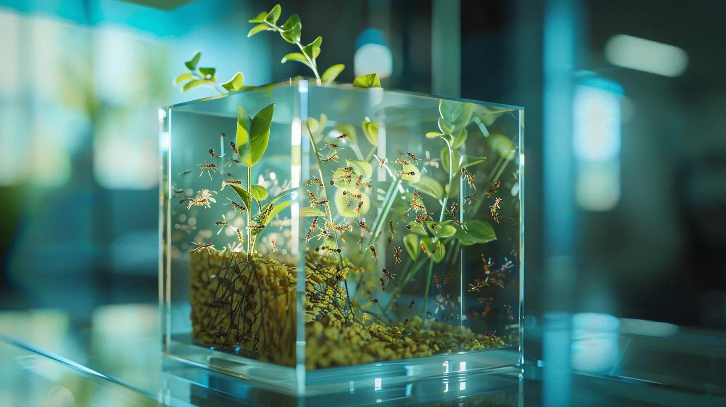 a clean, organized ant cube within a modern glass display case, showcasing ants actively moving debris while a vibrant background of sleek office furnishings reflects a meticulous approach to colony care. a clean, organized ant cube within a modern glass display case, showcasing ants actively moving debris while a vibrant background of sleek office furnishings reflects a meticulous approach to colony care.