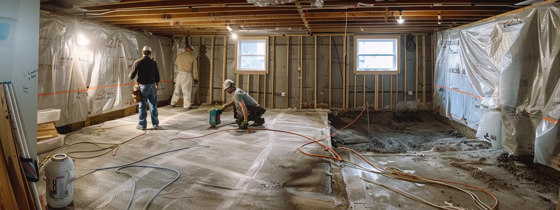 a clean, well-lit basement reveals a contractor expertly applying waterproofing membranes on exposed concrete walls, while another technician installs a french drain, creating a professional atmosphere focused on preventing moisture intrusion. a clean, well-lit basement reveals a contractor expertly applying waterproofing membranes on exposed concrete walls, while another technician installs a french drain, creating a professional atmosphere focused on preventing moisture intrusion.