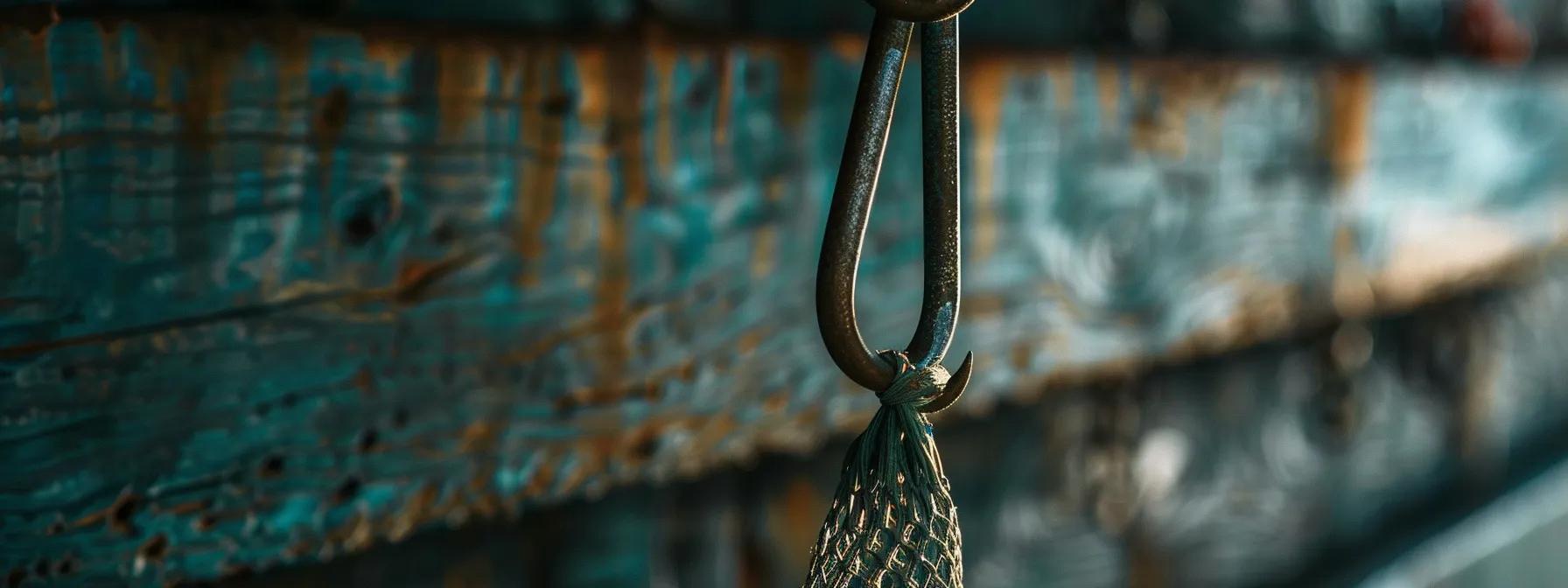 a clean, well-maintained landing net handle hanging on a hook in a tidy fishing gear storage area. a clean, well-maintained landing net handle hanging on a hook in a tidy fishing gear storage area.