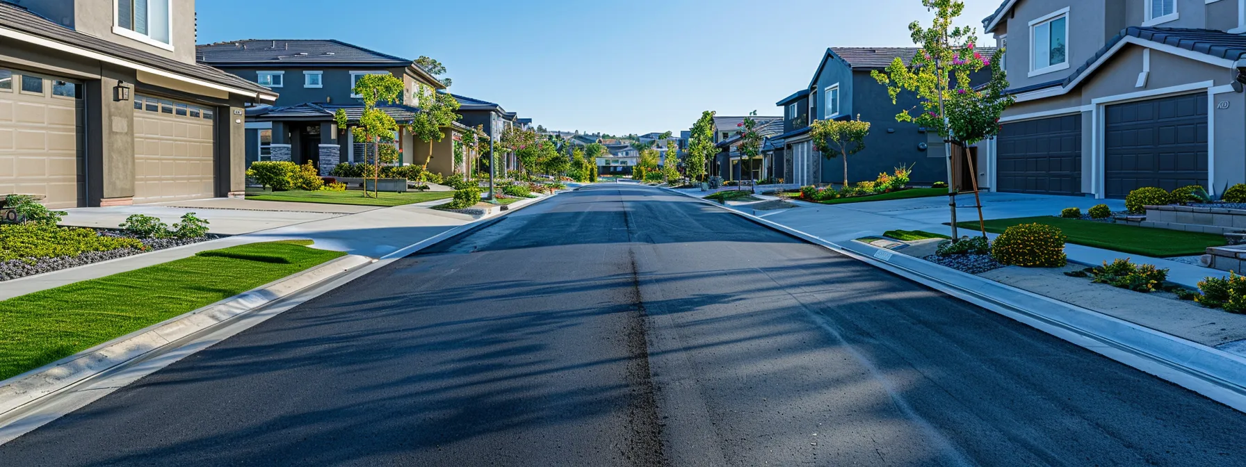 a clean, well-maintained asphalt driveway in a modern san diego hoa community, showcasing freshly applied seal coat and clearly defined edges, with attractive homes in the background highlighting the community's appeal and value.