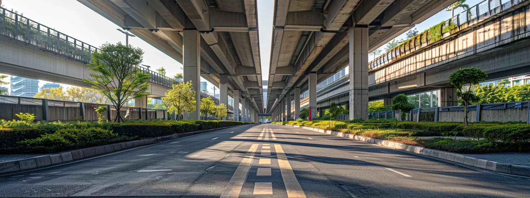 a clear and detailed urban scene showcasing a contrasting side-by-side installation of asphalt and concrete roads, with visible wear patterns and markings, under a sleek modern overpass to emphasize durability and longevity amidst riverside's urban backdrop.