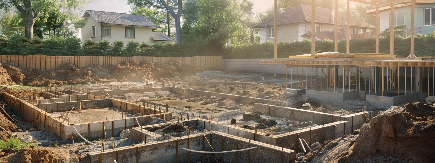 a clear, realistic scene showcases various types of home extension foundations, including a durable concrete slab, ventilated pier and beam, and stable pile foundations, all displayed in a candid manner against a backdrop of an evolving residential construction site. a clear, realistic scene showcases various types of home extension foundations, including a durable concrete slab, ventilated pier and beam, and stable pile foundations, all displayed in a candid manner against a backdrop of an evolving residential construction site.