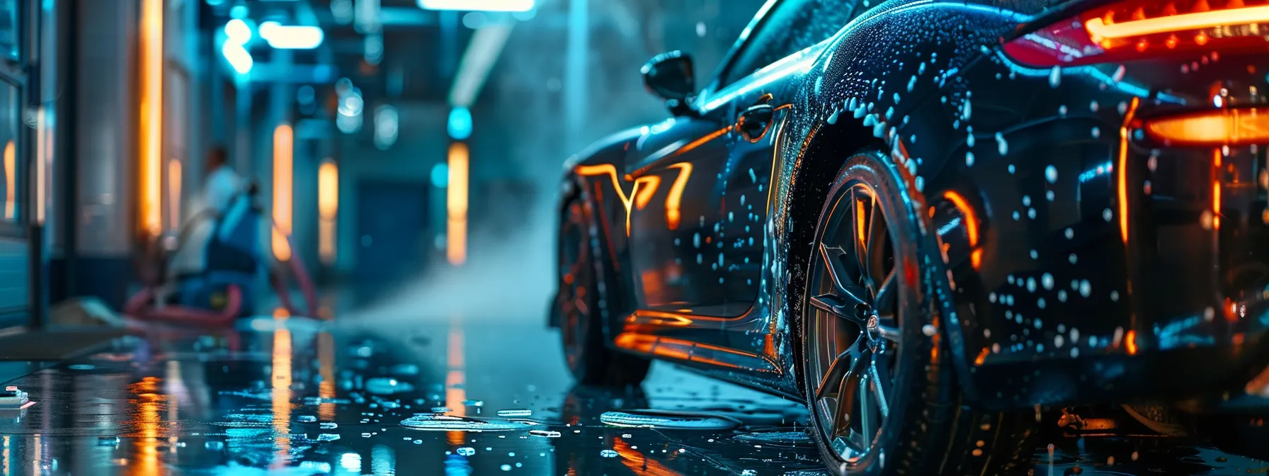 a close-up view of a pristine vehicle exterior in a modern urban garage, highlighting a cleaning technician actively using specialized products to remove stubborn stains like tree sap and bird droppings from the car's glossy wrap, with vibrant reflections emphasizing the deep color of the vehicle. Addressing Stubborn Stains and Contaminants Safely