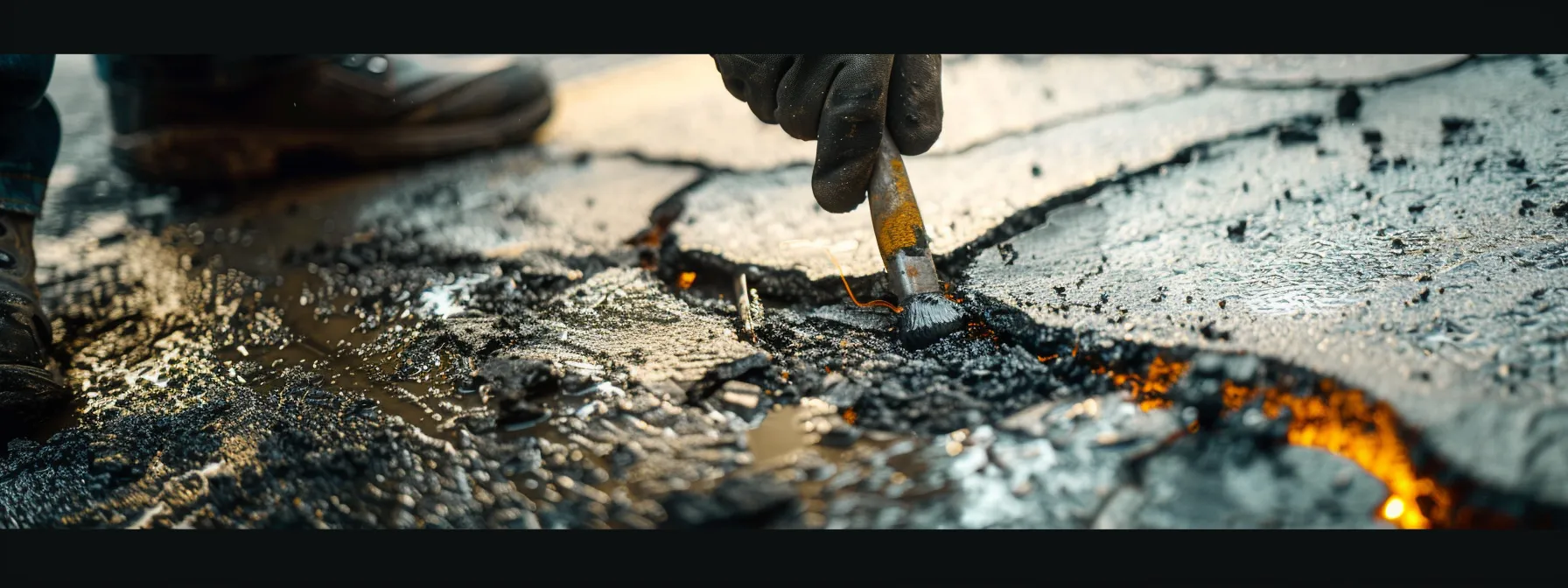 a close-up view of a professional contractor skillfully applying crack filler to a freshly damaged asphalt driveway, with tools and a partially completed repair visible in an urban setting.