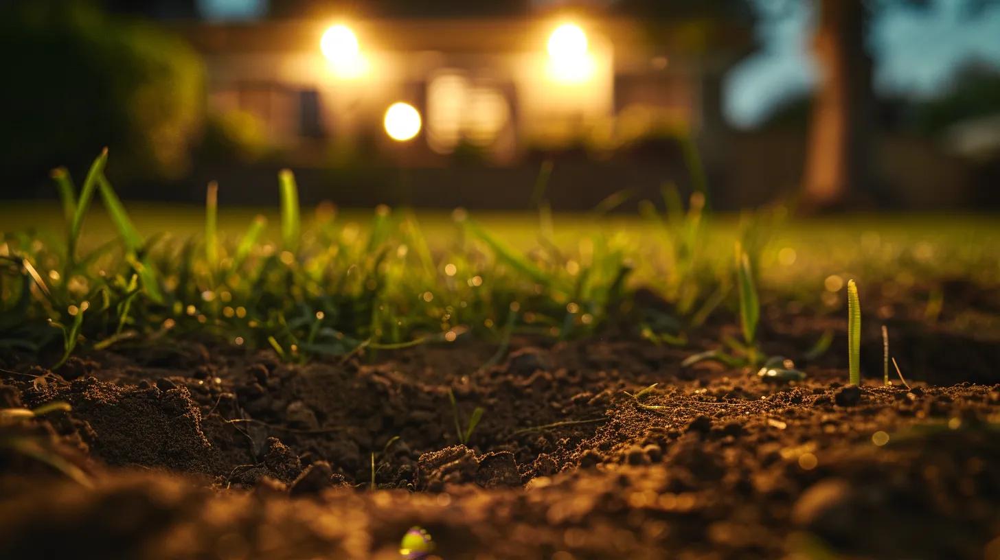a close-up view of an aerated lawn, showcasing distinct holes in the soil that visibly enhance root development, with a backdrop of a well-maintained residential yard, illuminated by warm artificial lights reflecting a late afternoon ambiance. a close-up view of an aerated lawn, showcasing distinct holes in the soil that visibly enhance root development, with a backdrop of a well-maintained residential yard, illuminated by warm artificial lights reflecting a late afternoon ambiance.