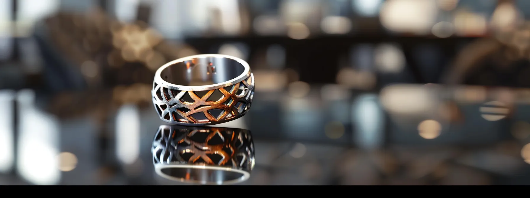 a close-up shot of a stunning custom tungsten ring featuring an intricate animal track design, elegantly displayed on a reflective black surface in a modern office setting, highlighting its unique craftsmanship and durability against a backdrop of blurred, sophisticated office decor. a close-up shot of a stunning custom tungsten ring featuring an intricate animal track design, elegantly displayed on a reflective black surface in a modern office setting, highlighting its unique craftsmanship and durability against a backdrop of blurred, sophisticated office decor.