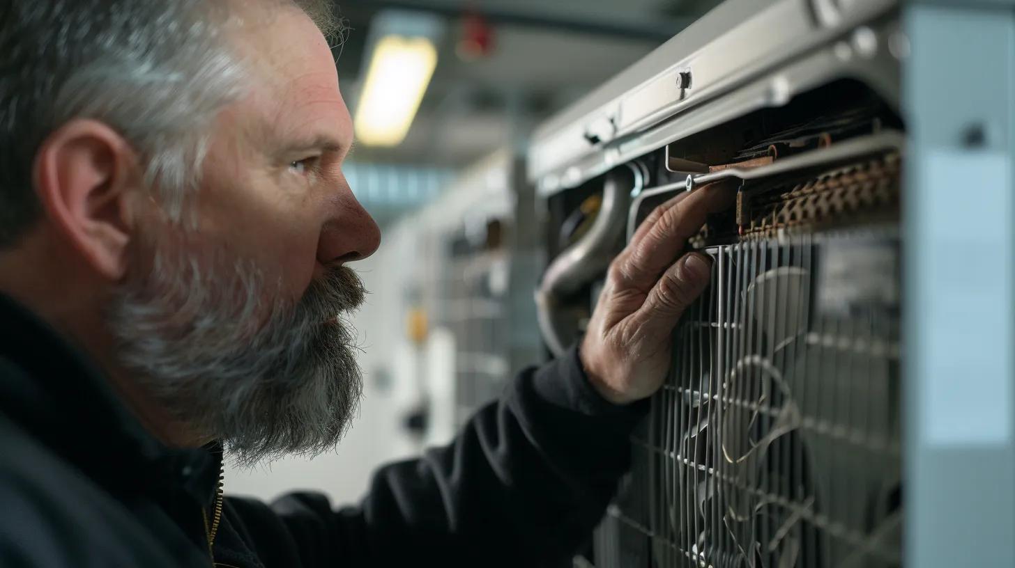 a close-up view of a technician inspecting an hvac unit in a modern, industrial office setting, highlighting visible signs of rust and corrosion among the ductwork and components to reflect the theme of preventive maintenance. a close-up view of a technician inspecting an hvac unit in a modern, industrial office setting, highlighting visible signs of rust and corrosion among the ductwork and components to reflect the theme of preventive maintenance.