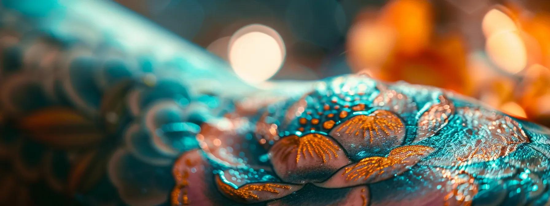 a close-up view of a newly inked tattoo on healthy skin, showcasing vibrant colors and intricate designs while surrounded by calming, sterile surroundings that emphasize the importance of proper care during the healing process.