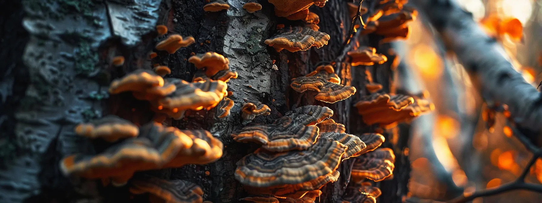 a close-up of vibrant, textured chaga mushrooms clustered on a birch tree, illuminated by soft, natural light, symbolizing the potential risks and benefits of this intriguing superfood.