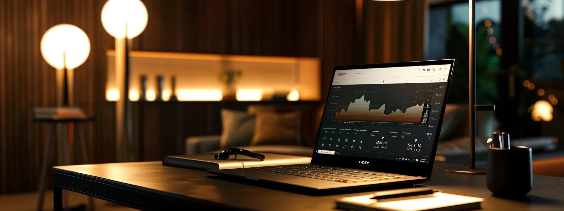 a close-up shot of a sleek, modern office workspace featuring a sophisticated laptop displaying mortgage rate analytics, alongside a neatly organized notebook and a stylish pen, illuminated by warm artificial lighting that highlights the high-tech ambiance.