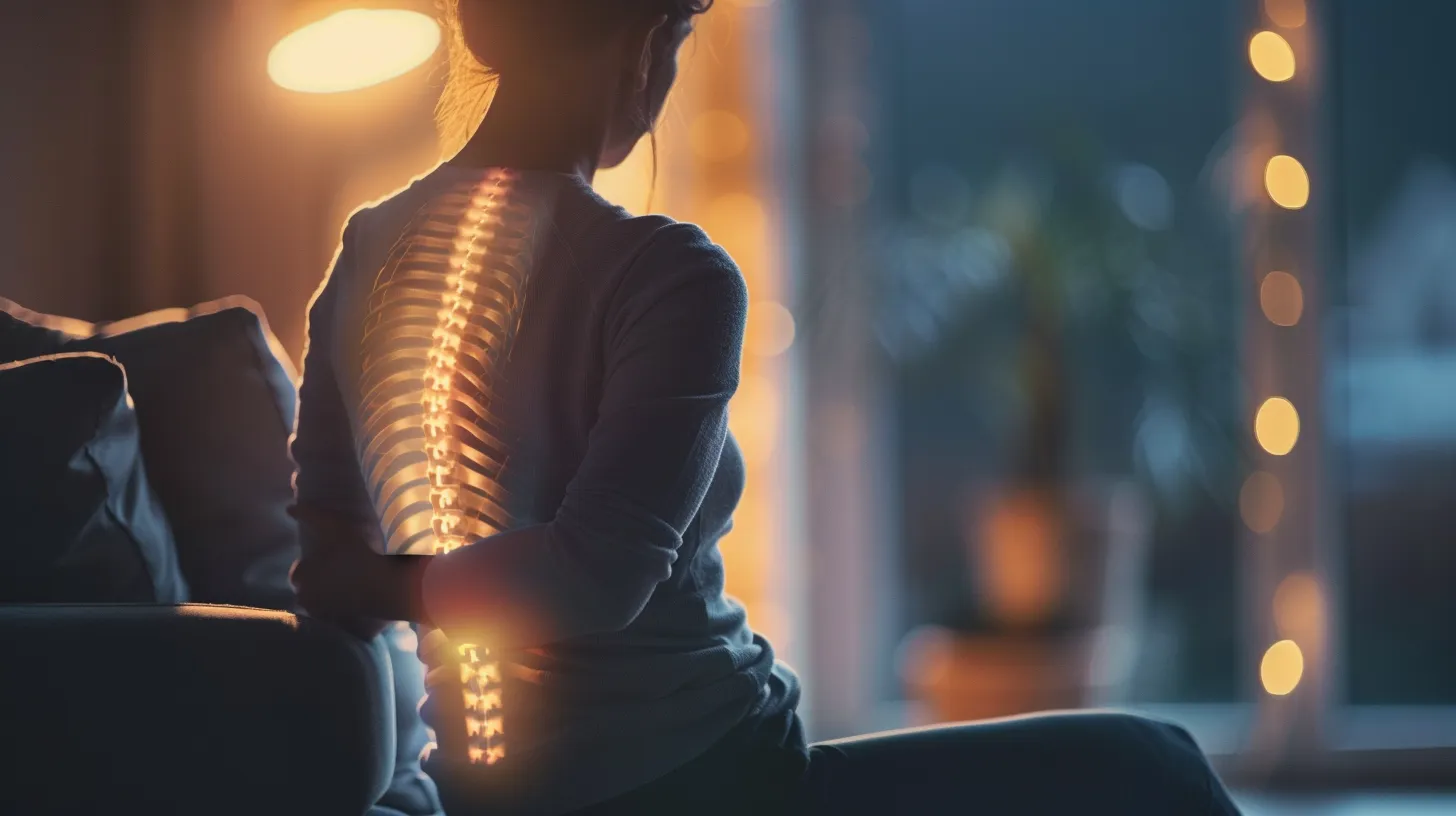 a close-up view of a distressed individual sitting in a dimly lit room, clutching their lower back in agony, with a faint outline of a spine and herniated disc subtly illuminated in the background, symbolizing the complex relationship between back pain and serious medical conditions. a close-up view of a distressed individual sitting in a dimly lit room, clutching their lower back in agony, with a faint outline of a spine and herniated disc subtly illuminated in the background, symbolizing the complex relationship between back pain and serious medical conditions.