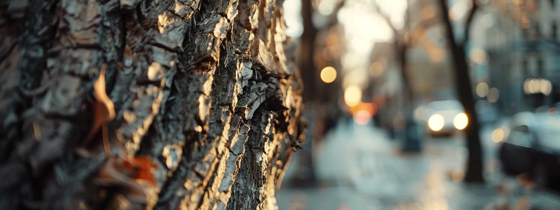 a close-up shot of a distressed urban tree showcasing discolored leaves and a leaning trunk, set against a textured city sidewalk, emphasizing signs of decline and the need for professional assessment.